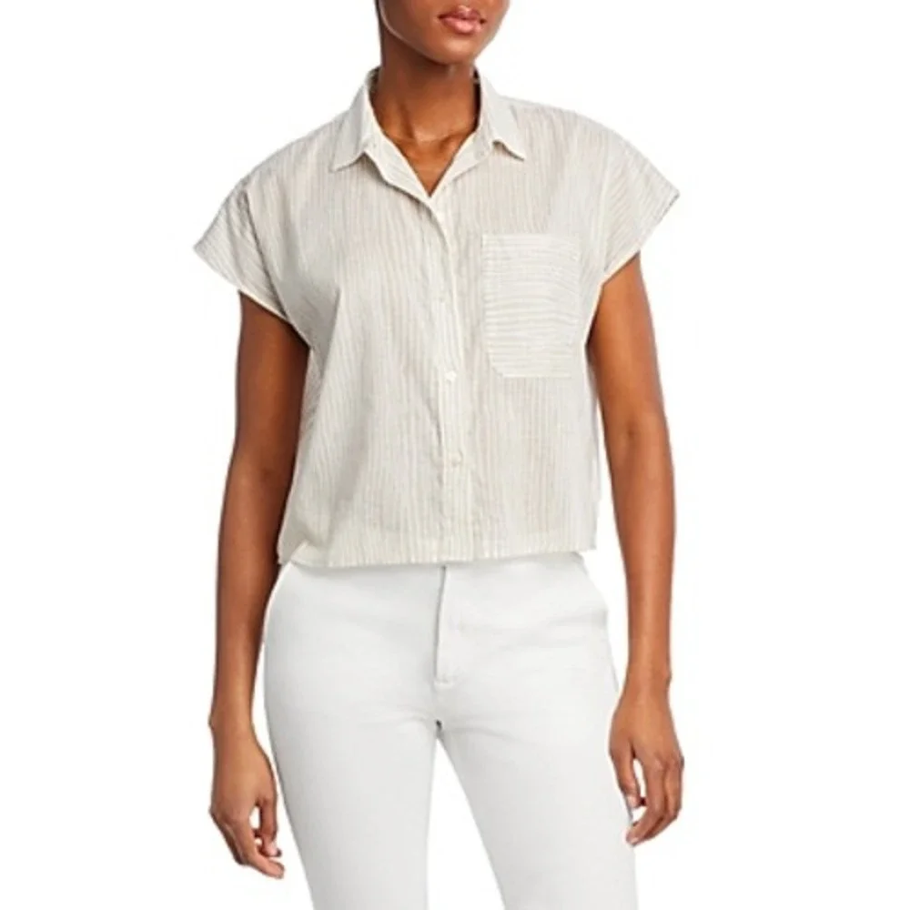 ATM Anthony Thomas Melillo Stripe Cotton Camp Shirt In Beach Pebble Combo Size L